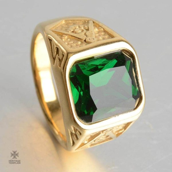Bague Franc-Maçon en or avec pierre verte élégante