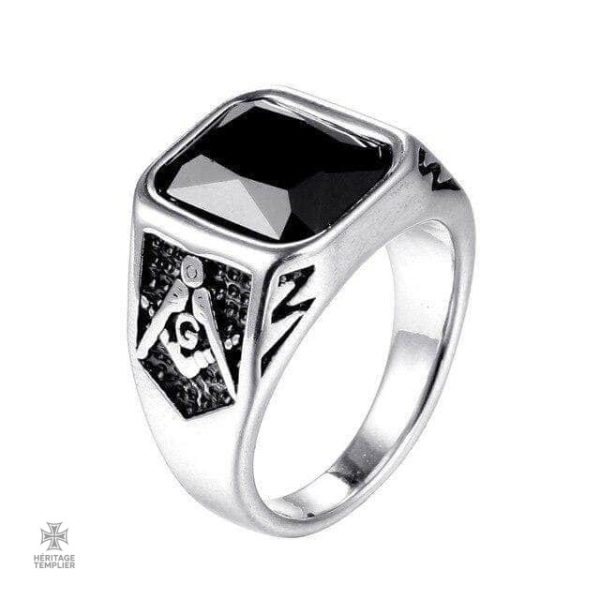 Bague Franc-Maçon en argent avec pierre noire