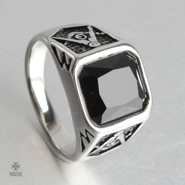 Bague en argent ornée d'une pierre noire pour Franc-Maçons