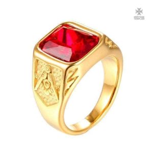 Bague Franc-Maçon avec pierre rouge en or