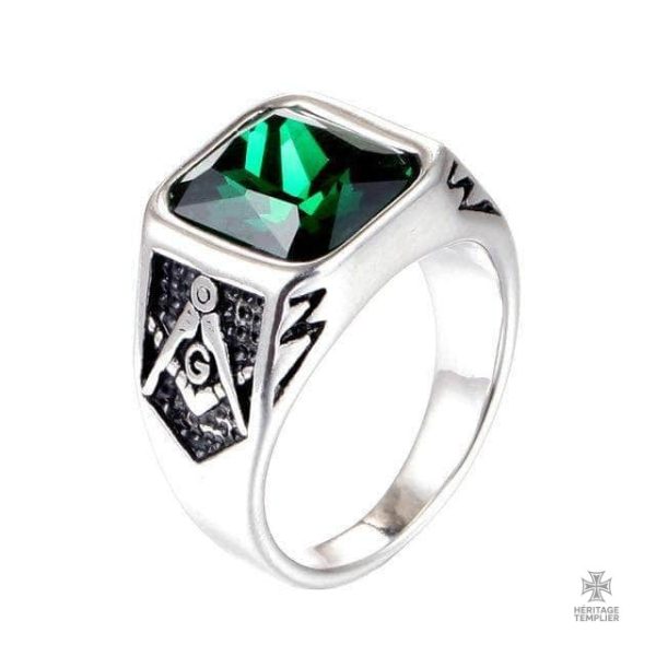 bague-franc-macon-pierre-verte-argent-1 Bague Franc-Maçon avec pierre verte en argent