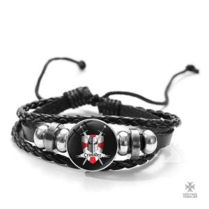 Bracelet Templier "Crusader" en cuir noir avec symbole médiéval