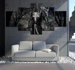 Tableau d'inspiration templière, décor forêt noire, 5 panneaux