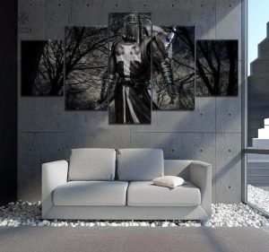 Tableau d'inspiration templière, décor forêt noire, 5 panneaux