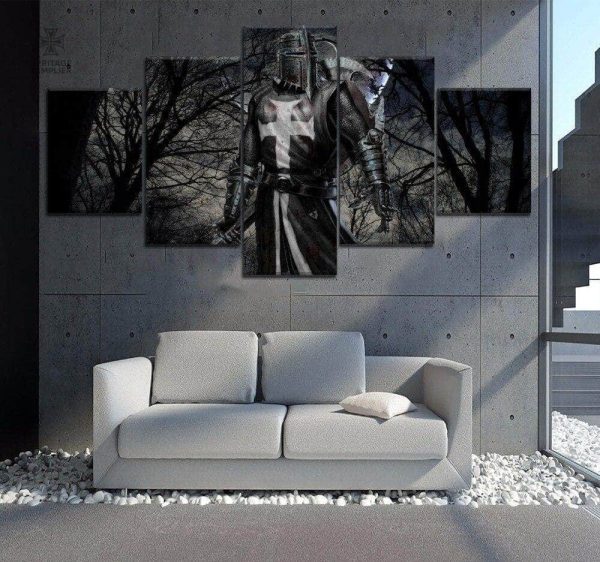 Tableau d'inspiration templière, décor forêt noire, 5 panneaux