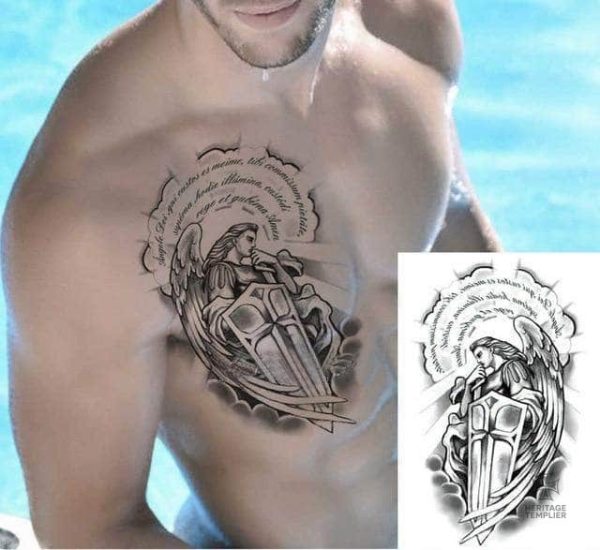 Tatouage éphémère, motif Archange Michel, inspiration templière